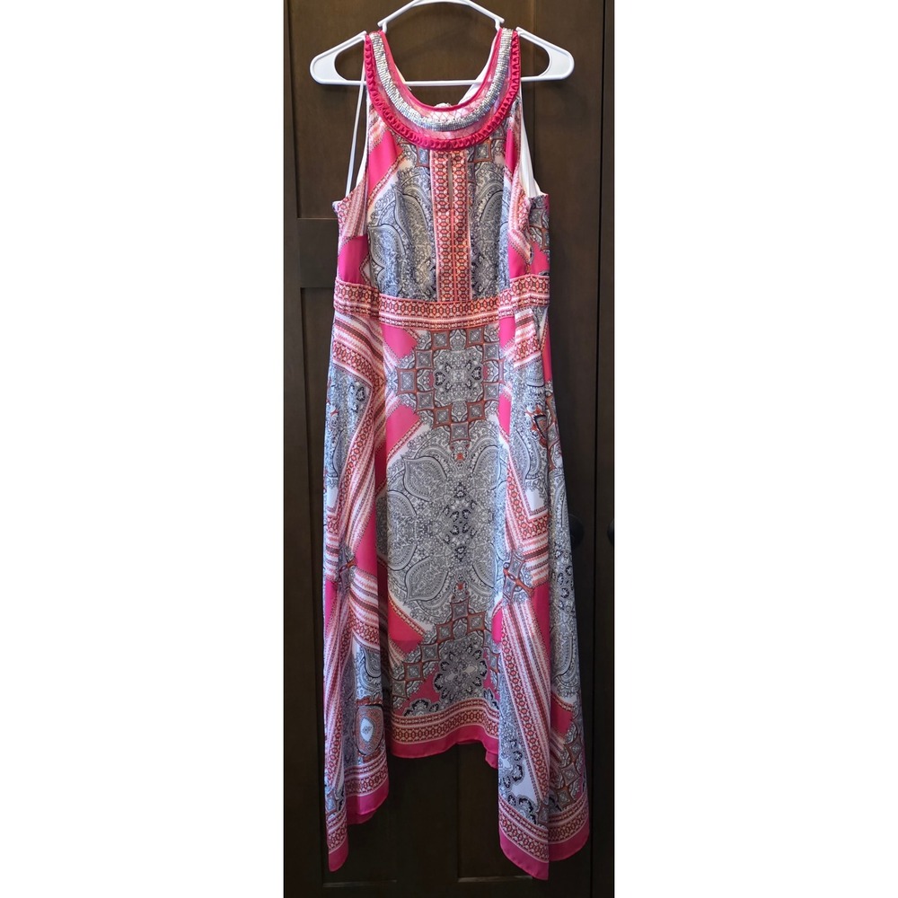 Studio One New York Pink Paisley Scarf Print Handkerchief Hem Maxi Dress 14W
